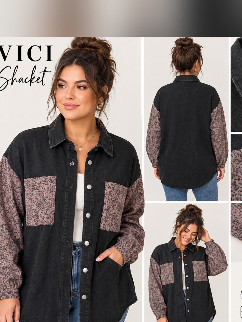 Vici Collection Oversized Black Denim Shacket Leopard Print Sleeves Pockets
